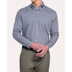 PETER MILLAR Men's Navy Blue Gingham Crown Soft Button Down Sport Shirt Large